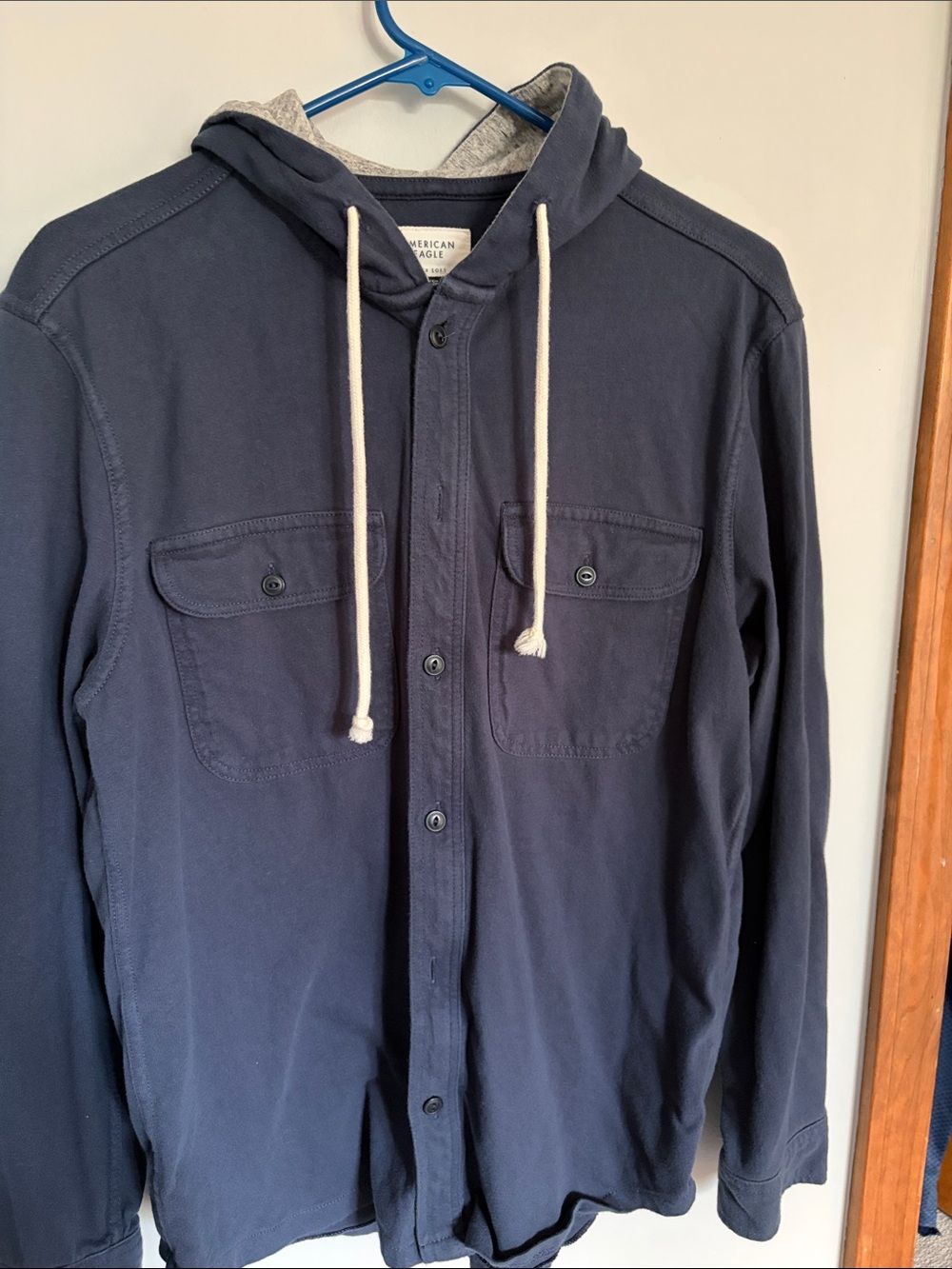 American Eagle Outfitters Navy Hooded Overshirt with Grey Lining
